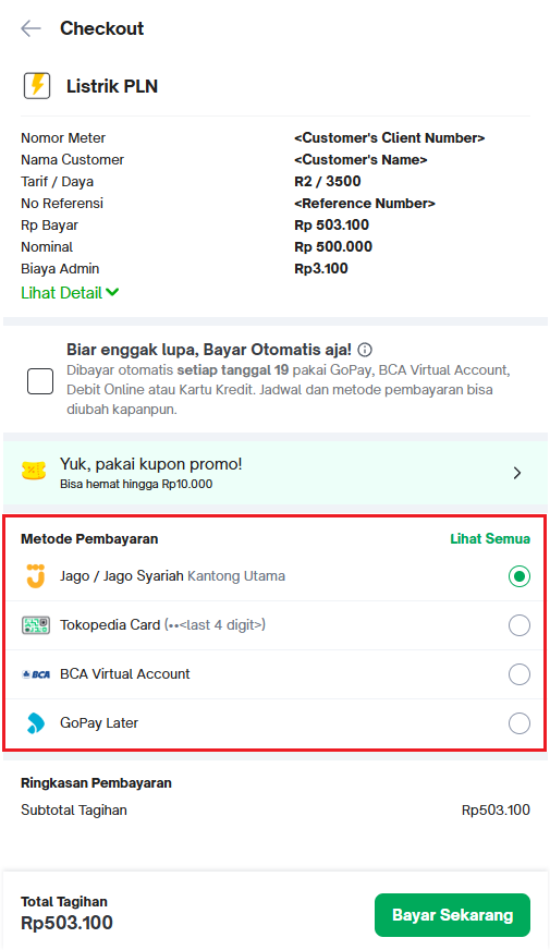 Payment method selection on the Tokopedia Digital Goods checkout page