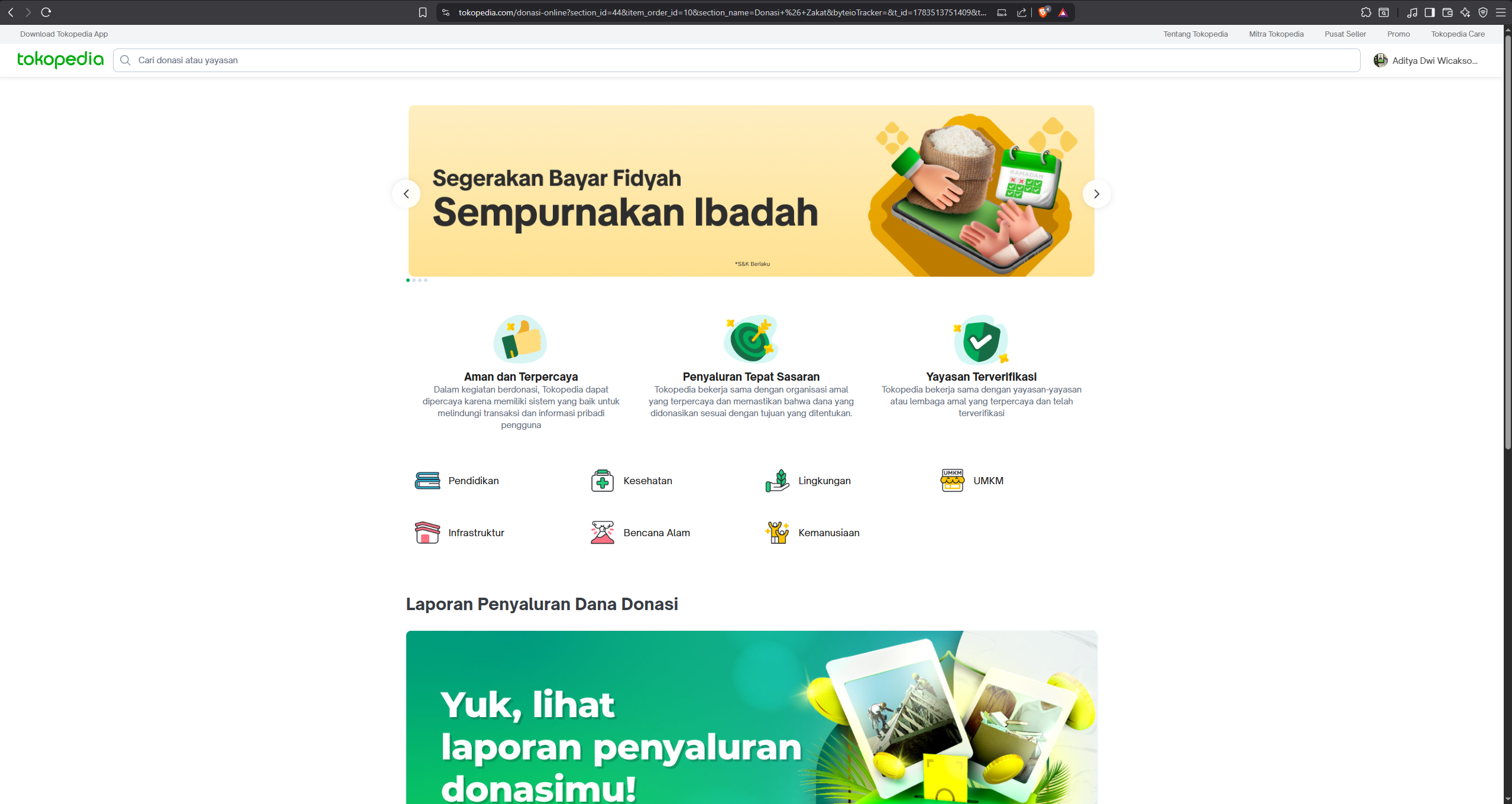 Tokopedia online donation subhomepage