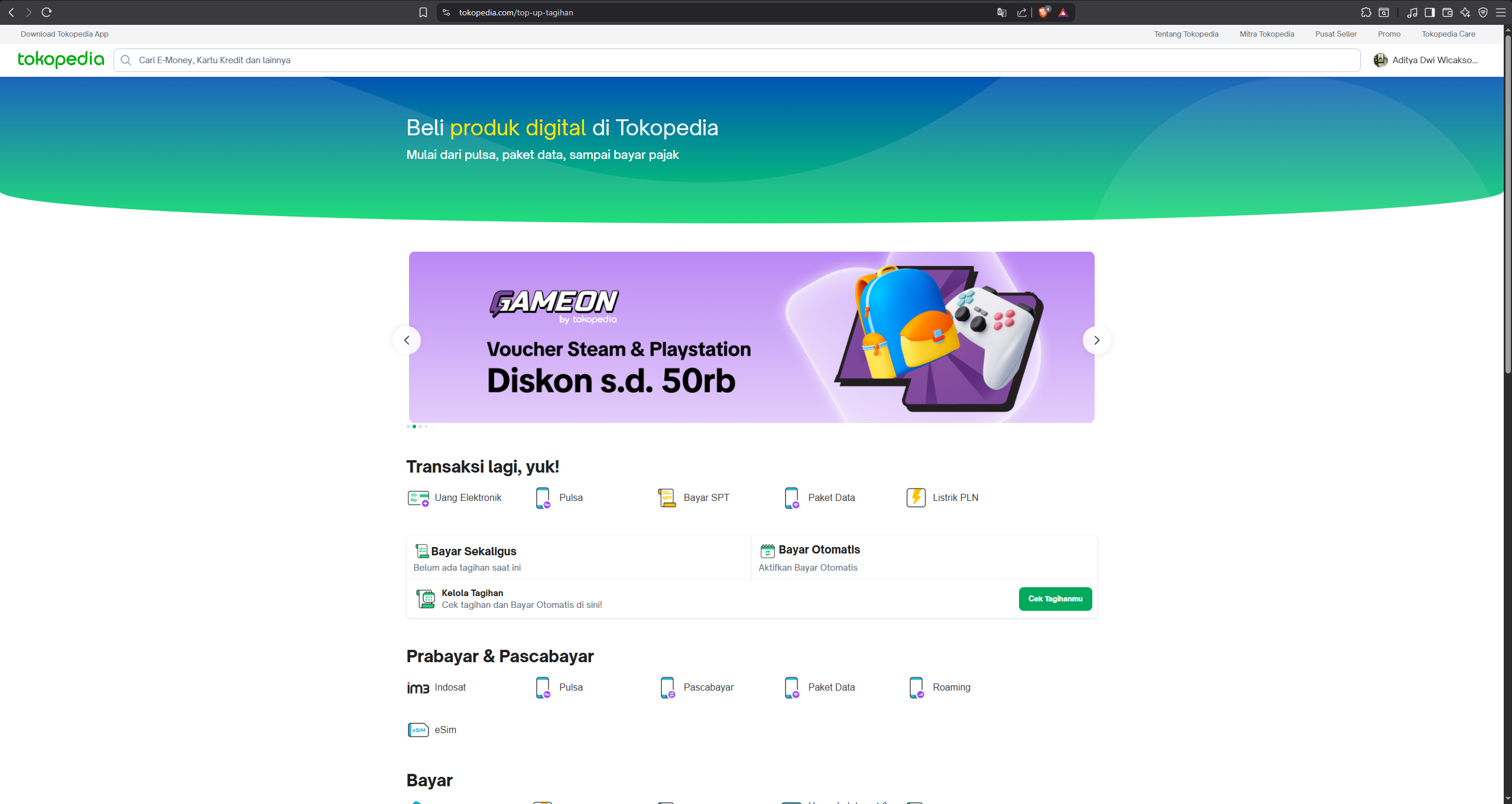 Tokopedia top-up and bills subhomepage